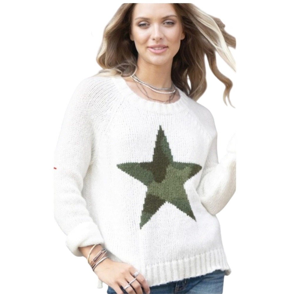 Wooden Ships Camo Star Raglan Crew Sweater‎ Cream Mohair Blend XS S Oversized